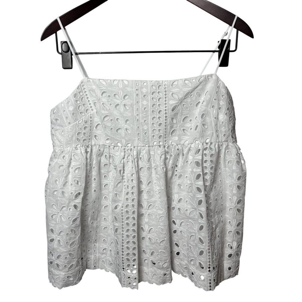 J. Crew Womens SZ M White Eyelet Sleeveless Peplum Top Boho beachy Cottagecore